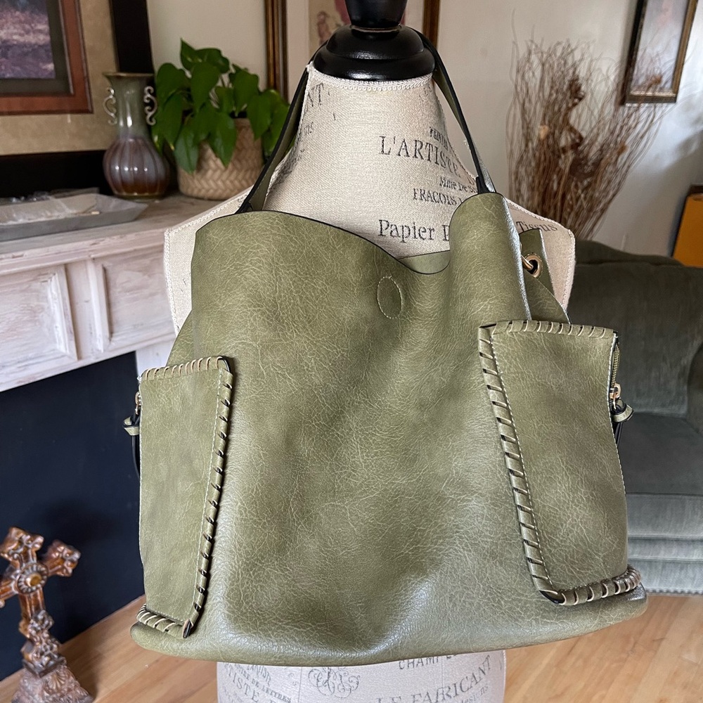 Olive Green Leather Bucket Bag w/ Stylish Zippered Pockets - Picture 3 of 12